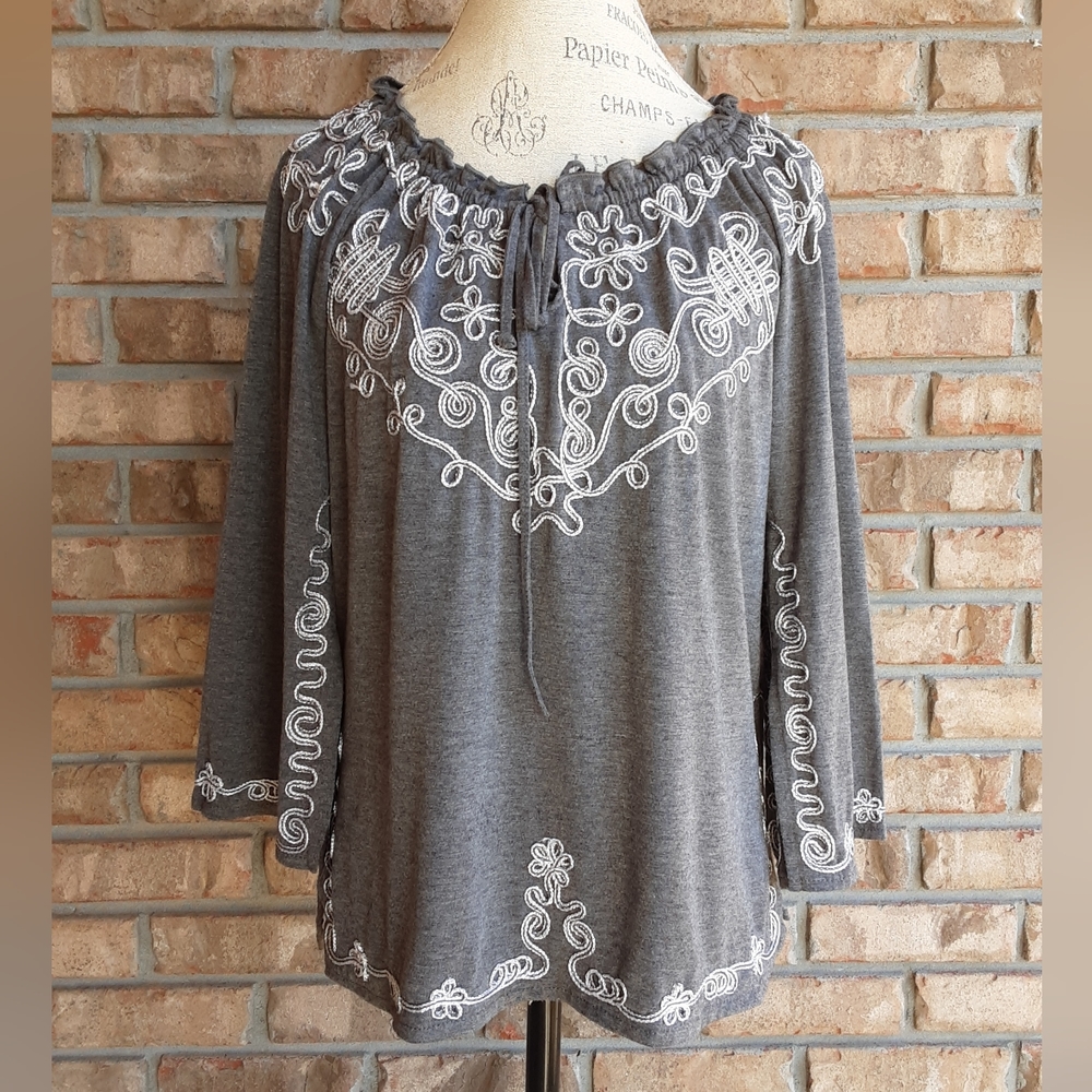 Lauren Michelle Gray Long Split Sleeve Top with Embroidered  Metallic Detail.